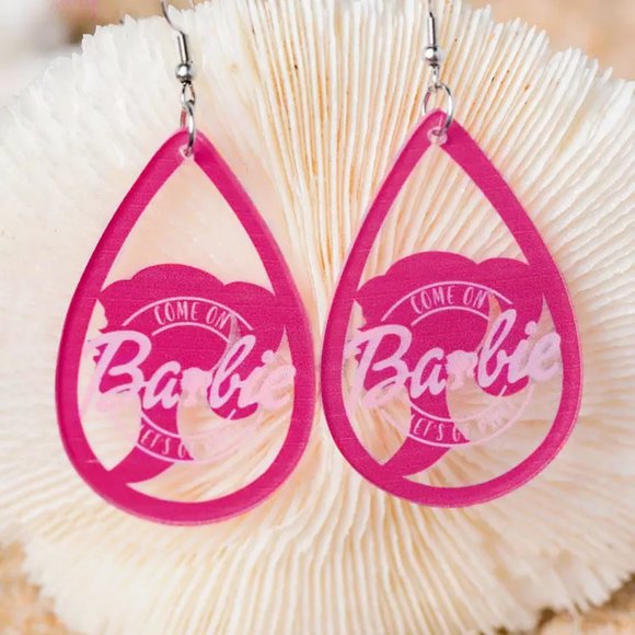 Barbie Come On Let's Go Party Pink Cold Shoulder Knit Top & Earrings Womens Size - Picture 6 of 14